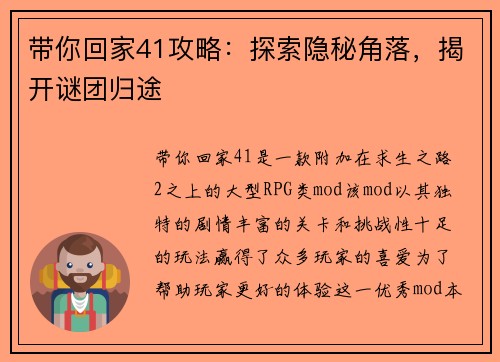 带你回家41攻略：探索隐秘角落，揭开谜团归途
