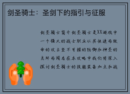 剑圣骑士：圣剑下的指引与征服